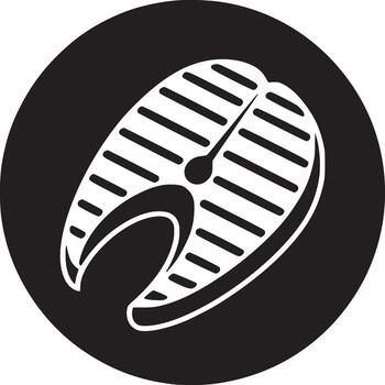 A black circle containing a white outline of a salmon steak with bone structure and visible fat lines vector