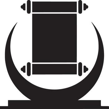 A black silhouette of a scroll on a stand with a crescent moon shape behind it on a white background vector