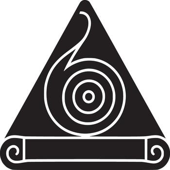 A black and white graphic design featuring a triangle with a spiral and a scroll like element below it vector