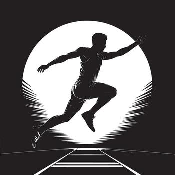 Silhouette of a runner in motion against a circular light with track lines below in monochrome art vector