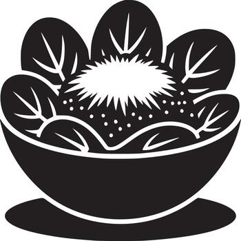 A black and white graphic of a bowl filled with a salad and a spiky round object on a white background vector