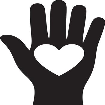 Black hand silhouette with a white heart shape in the center on a white background simple design vector
