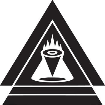 A graphic illustration of a black triangle with a cone shaped object in the middle with flames above vector