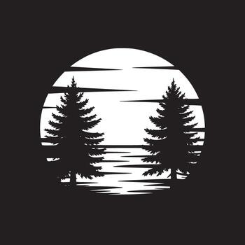 Silhouette of two pine trees against a white circle with horizontal lines in a black background vector