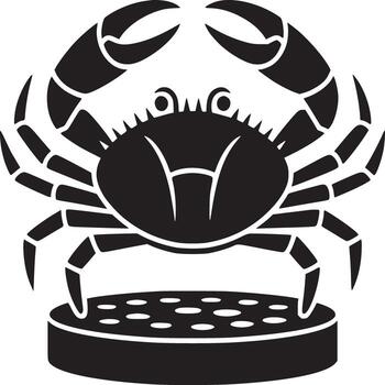A simple black and white illustration of a crab standing on a small platform with holes in it vector