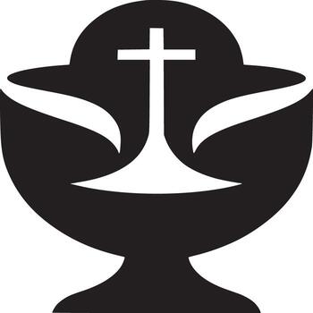 A stylized black and white chalice with a cross at the top and curved elements on either side of it vector