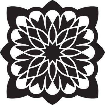 un simétrico negro y blanco diseño presentando un floral modelo con puntiagudo y redondeado formas en un cuadrado vector