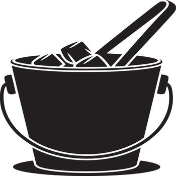 A black silhouette of an ice bucket filled with ice cubes and tongs on a white background image vector