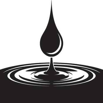 An illustration of a black liquid drop falling into a pool creating ripples in black and white art vector