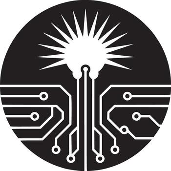 A black and white circular design featuring a sunburst and circuit board pattern in the center vector