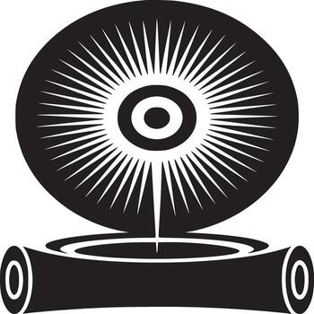 A black and white illustration of a circular object with radiating lines above a cylindrical base shape vector