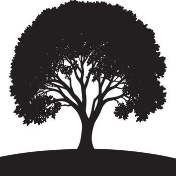 un silueta de un grande árbol con un lleno corona en contra un llanura blanco antecedentes en alto contraste estilo vector