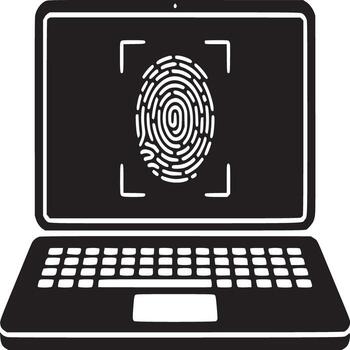 A black and white laptop displaying a fingerprint scan with a white background illustration vector