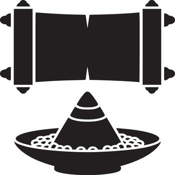 Isolated black silhouette of ancient scroll above a cone shaped object in a bowl on white background vector