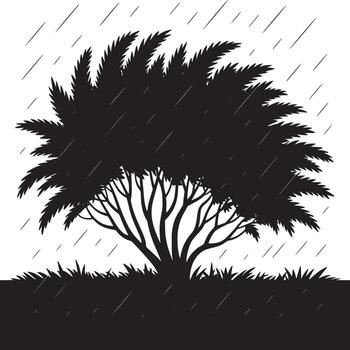 Silhouette of a leafy tree in the rain with grass and a white background in a simple graphic style vector