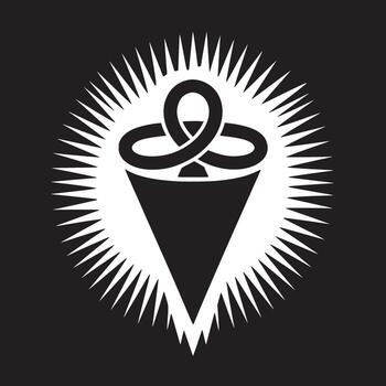 A stylized black and white emblem featuring a triangle shape with a knot above it and rays around it vector