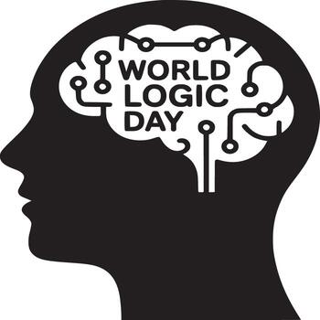 Black silhouette of head with brain circuit design and world logic day text inside it on white vector
