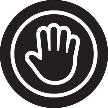 Black and white stop hand sign inside a circle with a white background in a simple graphic design vector