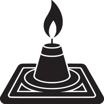 A black and white drawing of a spirit lamp with a flame on a square platform in simple style vector