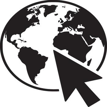 A black and white graphic of a globe with a cursor pointing at africa in the center of the image vector