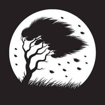 silueta de un azotado por el viento árbol en contra un lleno Luna con volador hojas en un negro y blanco imagen vector