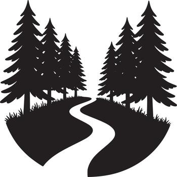 silueta de un devanado camino mediante un bosque con hojas perennes arboles en un blanco antecedentes sencillo diseño vector