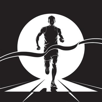 Silhouette of a runner crossing the finish line with a white circle in the background in black and white vector