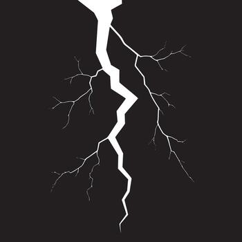 White lightning bolt crack with branches on a black background in a graphic illustration style vector