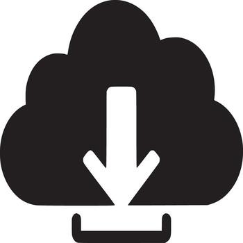 A black cloud with a white arrow pointing down into a tray on a white background in a simple style vector