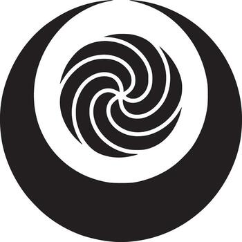 A graphic design featuring a black spiral within a crescent moon shape on white background center aligned vector