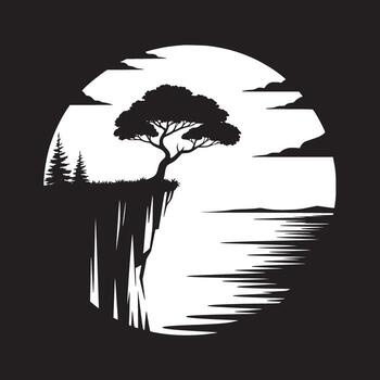 Silhouette of tree on cliff overlooking water with clouds in a black and white oval composition vector