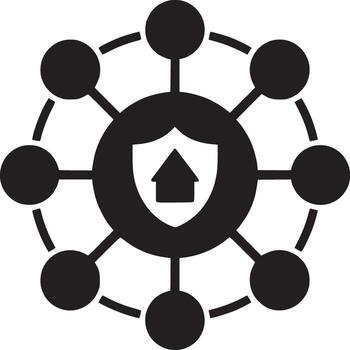 Black and white graphic of a home inside a shield connected to circles by lines around the edge vector