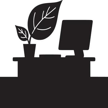 A black and white graphic of a desk with a computer and a plant in a pot on top of the desk vector