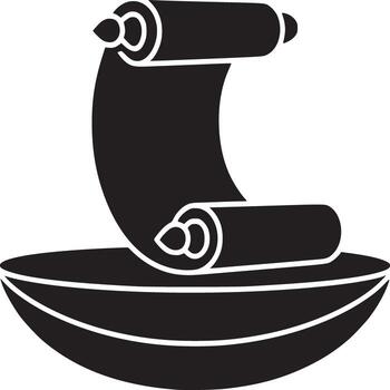 A black silhouette of a scroll resting on a curved surface against a white background illustration vector