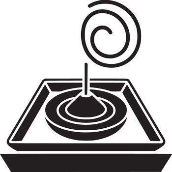 A black and white graphic of a spiral incense burner on a square tray with a simple base design vector