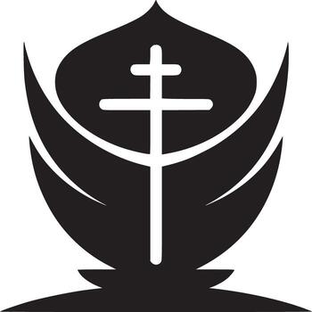 A stylized black and white emblem featuring a cross centered within a leaf like shape design element vector