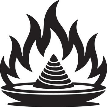 A stylized black and white image of a fire burning above a conical object in a bowl like structure vector