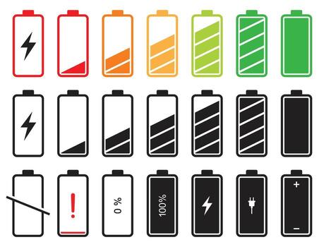 Battery Level Indicators Full, Low, Charging, and Empty Icons vector
