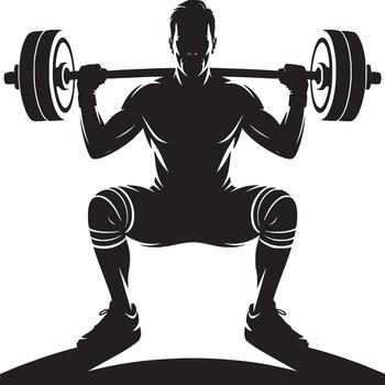 Silhouette of a man squatting with a barbell on his shoulders in a weightlifting exercise pose vector