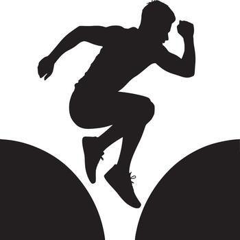 Silhouette of a man jumping over two rounded shapes in a dynamic pose against a white background vector