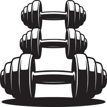 A monochrome image showcasing a stack of three dumbbells on a white background with a subtle shadow vector