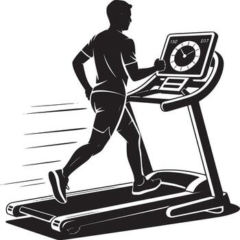 A silhouette of a man running on a treadmill with a display showing time and heart rate monitor vector