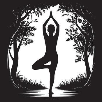 Silhouette of a woman in tree pose with arms raised in a forest setting in black and white art vector