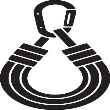 A black and white graphic of a carabiner attached to a rope forming a loop on a white background vector