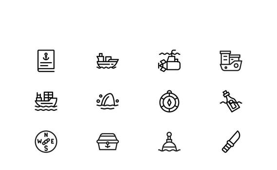 Clean linear marine icons with outline design, including ship, anchor, wave, compass, lighthouse, and sea elements for sailing, fishing, and ocean navigation projects vector