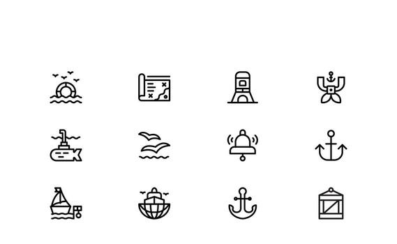 Marine line icon set featuring Minimal marine icon collection in clean outline style with ship, anchor, compass, wave, lighthouse, and sea elements for sailing, navigation vector