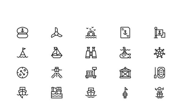 Marine line icon set featuring Marine outline icon set with minimal flat style, including ship, anchor, lighthouse, ocean wave, compass, and navigation elements for nautical vector