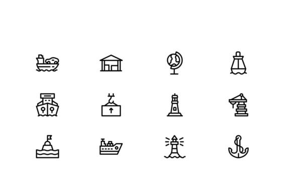 Marine line icon set Minimal marine icon collection in clean outline style with ship, anchor, compass, wave, lighthouse, and sea elements for sailing, navigation, and ocean-themed graphics vector