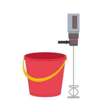 Mixing equipment next to a red bucket in a construction setting during daytime operations vector