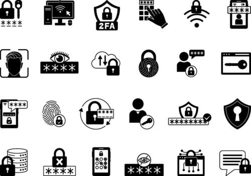 Black Password Icon Set. Illustrations Encryption, User, Access, Computer, Phone, Two-Factor Authentication, Change Password, Security, Face ID, Fingerprint, Access Code, and More vector